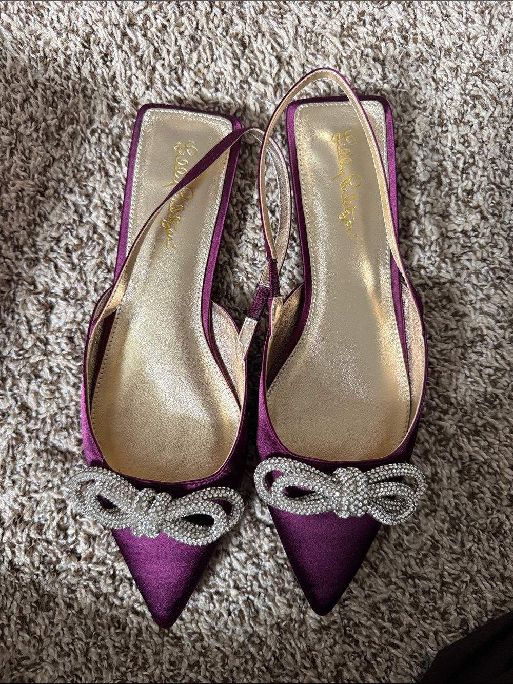 Lilly Pulitzer Purple Satin Pointed Slingback Flats with Crystal Knot